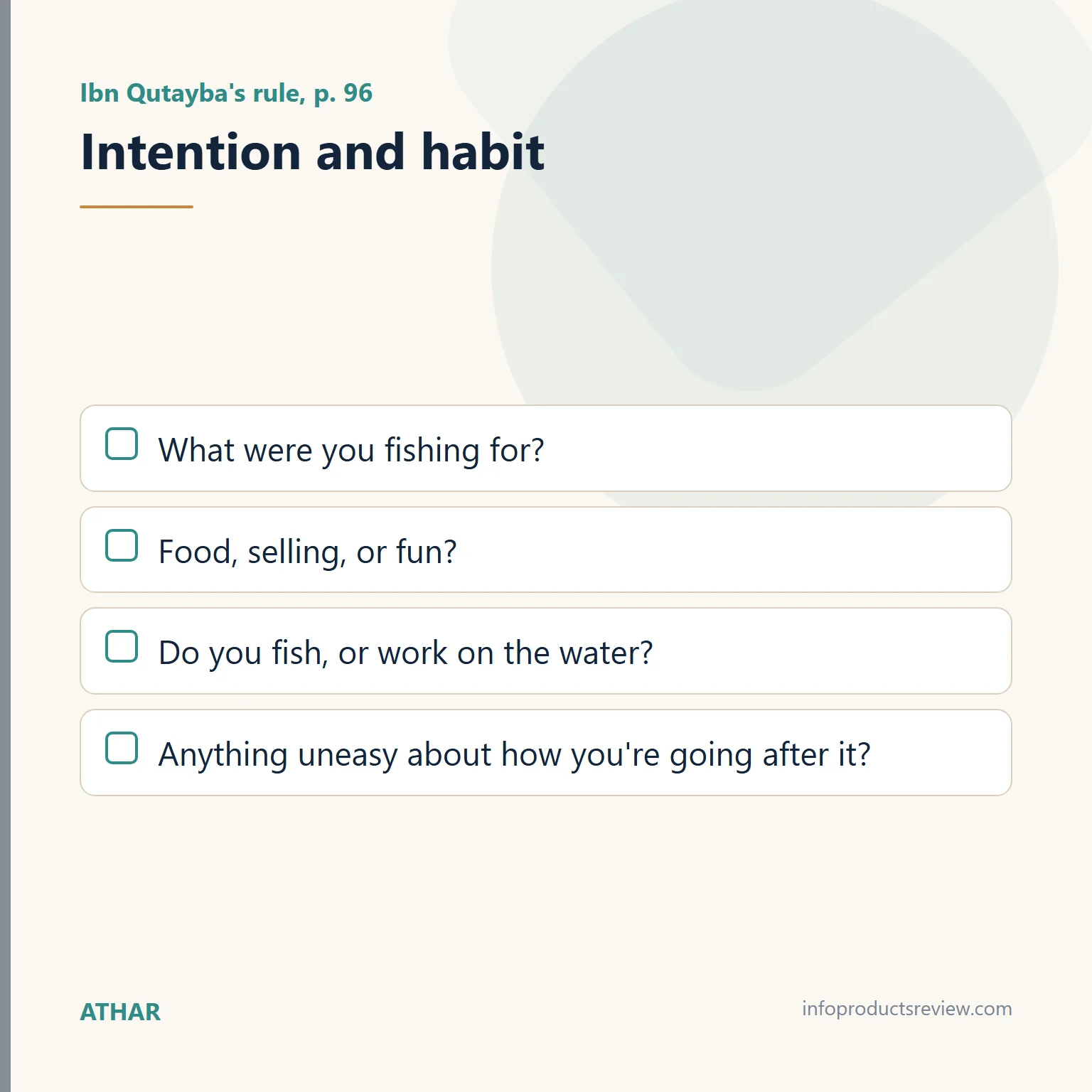 Checklist of intention and habit questions for a fishing dream