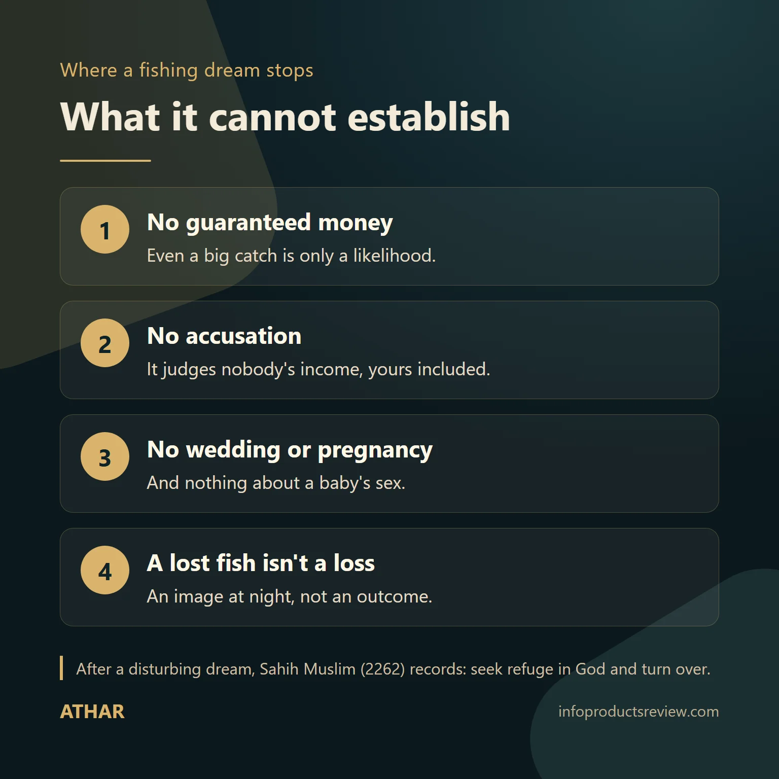 Diagram of what a fishing dream cannot establish: no guaranteed money, accusation, wedding or pregnancy