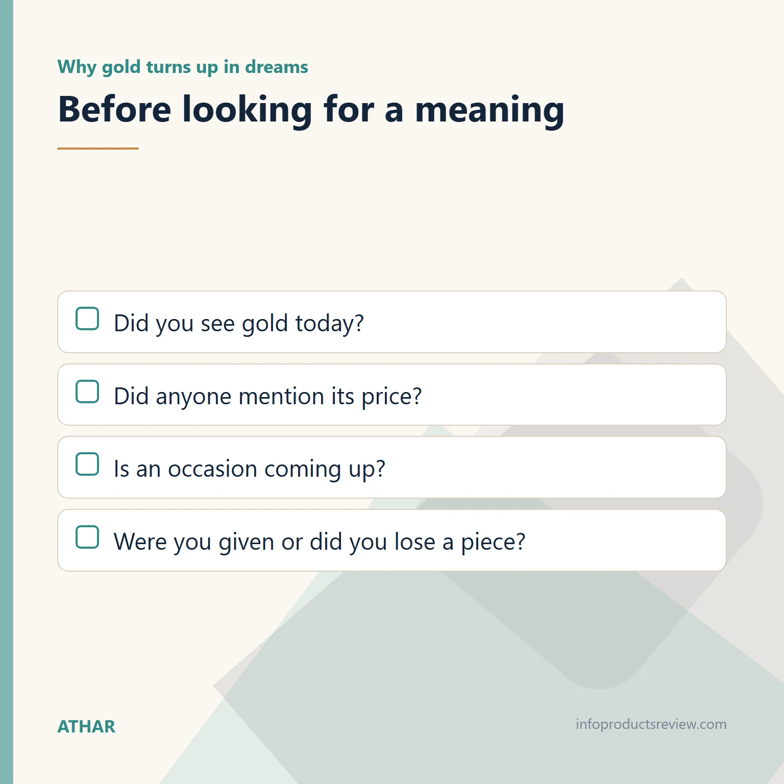 Dreaming of Gold as a Single Woman: Jewellery, Gifts, Loss and What the Sources Say 2 Checklist of questions about your day before looking for the meaning of a gold dream