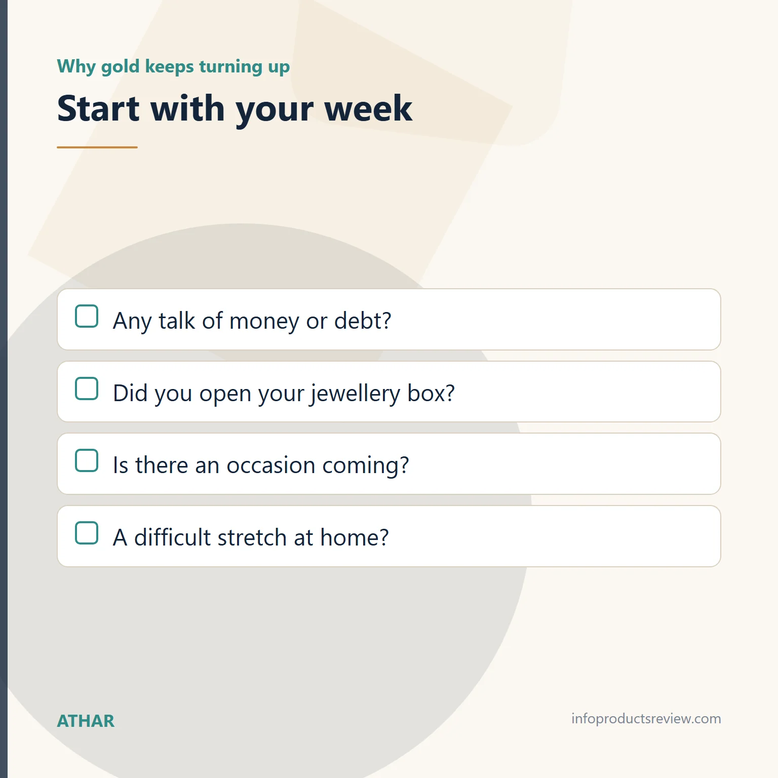 Dreaming of Gold as a Married Woman: Jewellery, Household Gold and What It Can't Tell You 2 Checklist of questions about your week before reading a gold dream