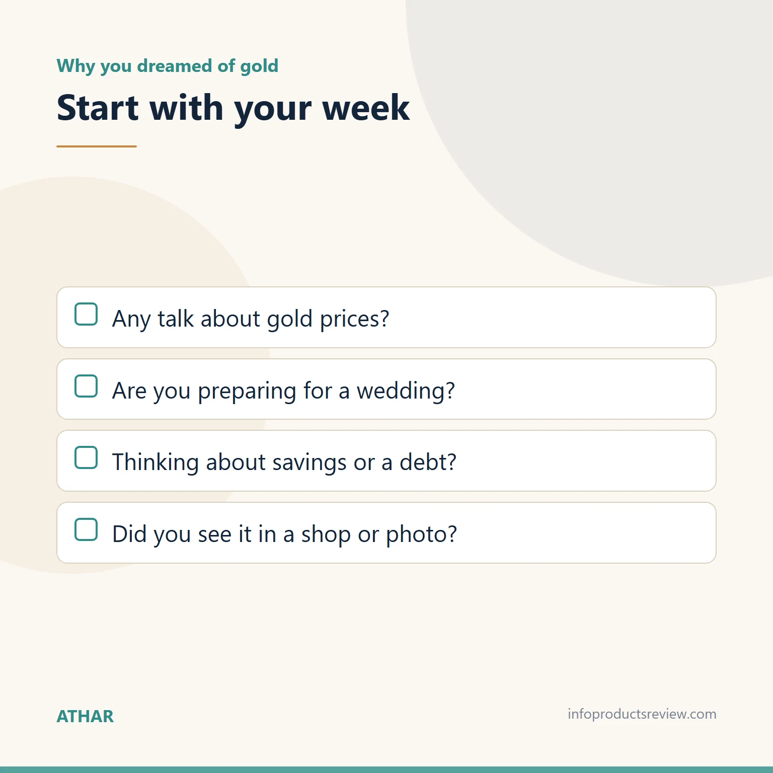 Checklist of questions about your week before reading a gold dream