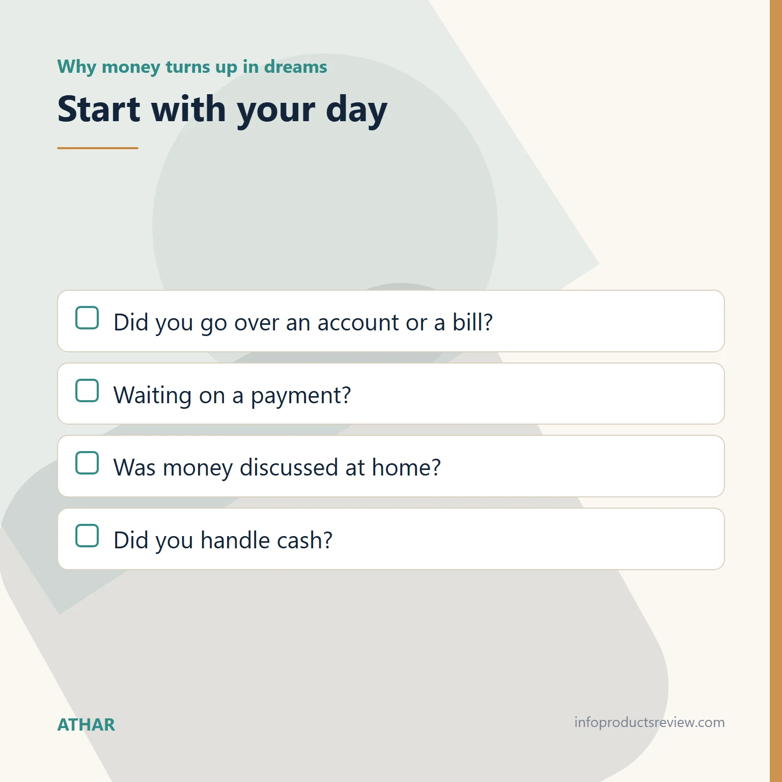 Money in a Dream: Speech, Documents and Trust, Not a Promise of Wealth 2 Checklist of questions about your day before reading a money dream