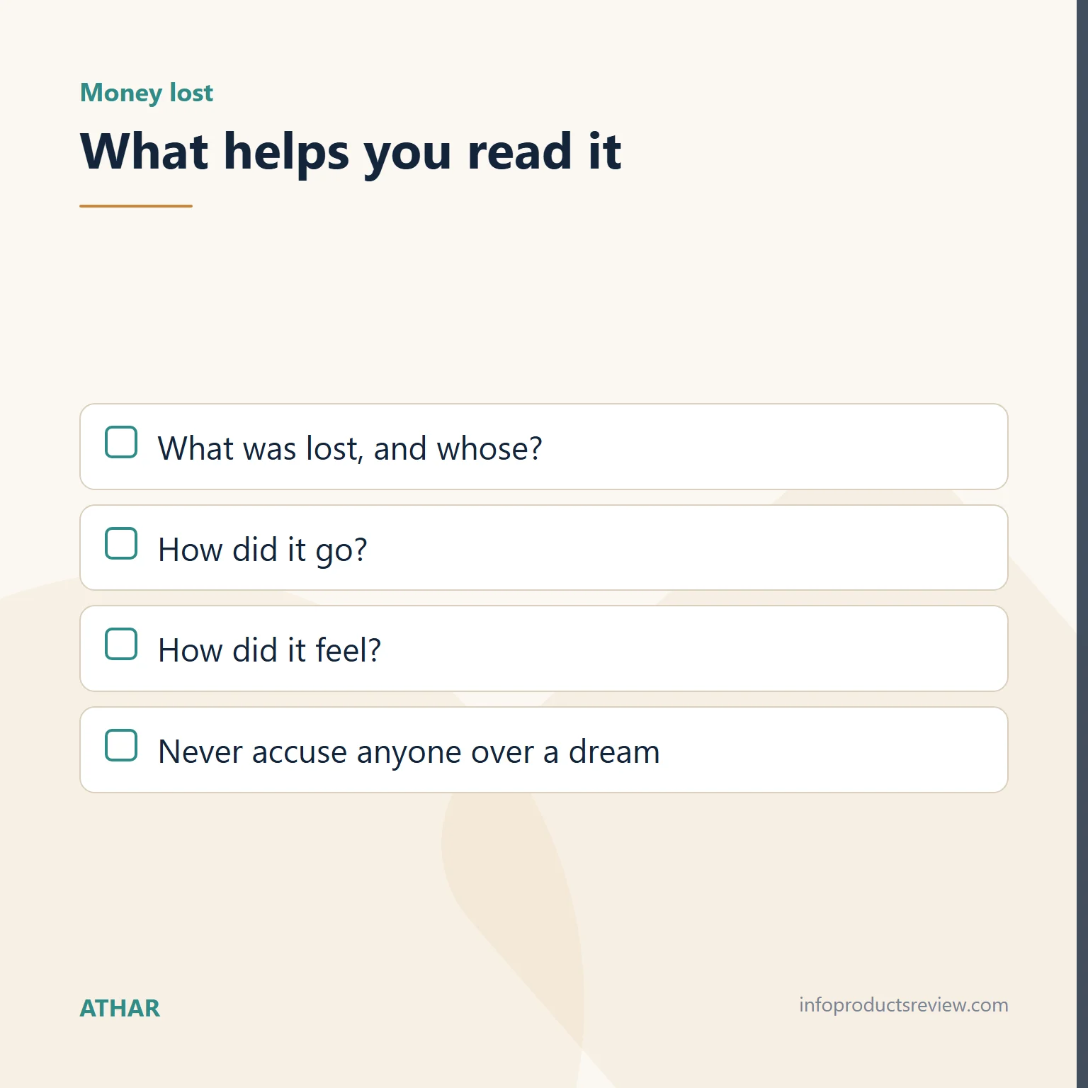 Money in a Dream: Speech, Documents and Trust, Not a Promise of Wealth 7 Checklist for reading a dream of lost or stolen money