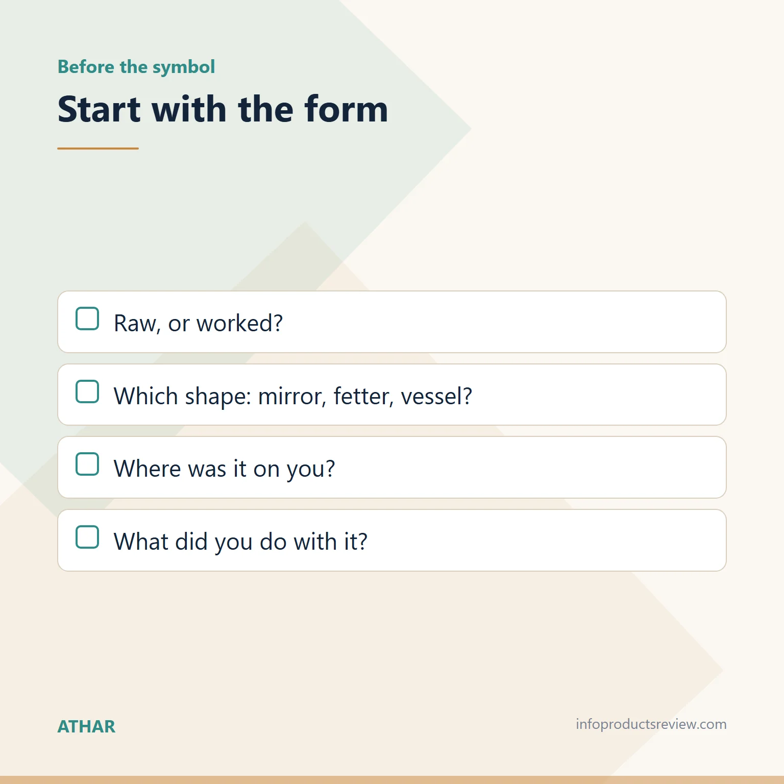 Checklist of questions about the metal's form before reading the dream