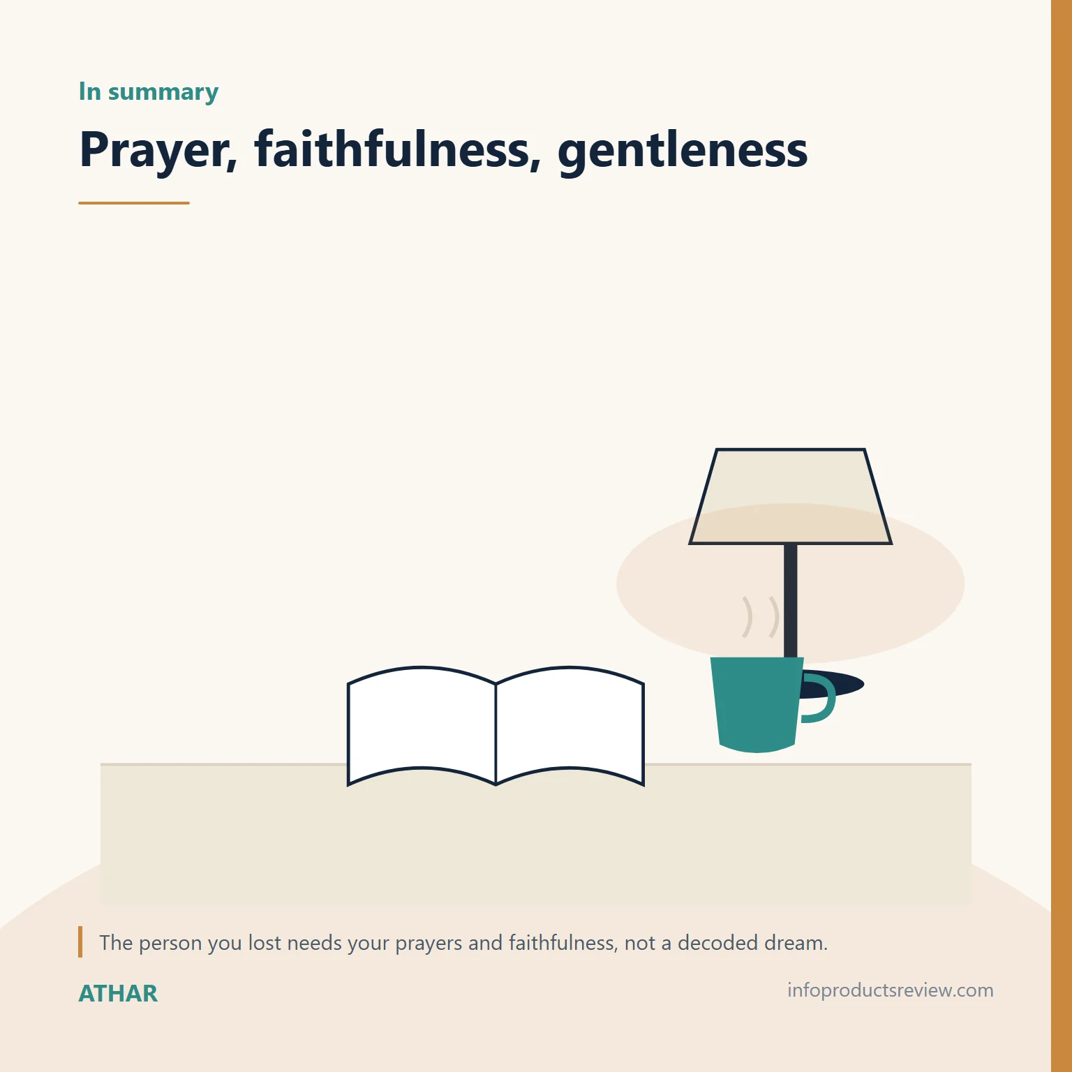 Quiet drawing of a lamp, book and cup summing up what helps after dreaming of the dead