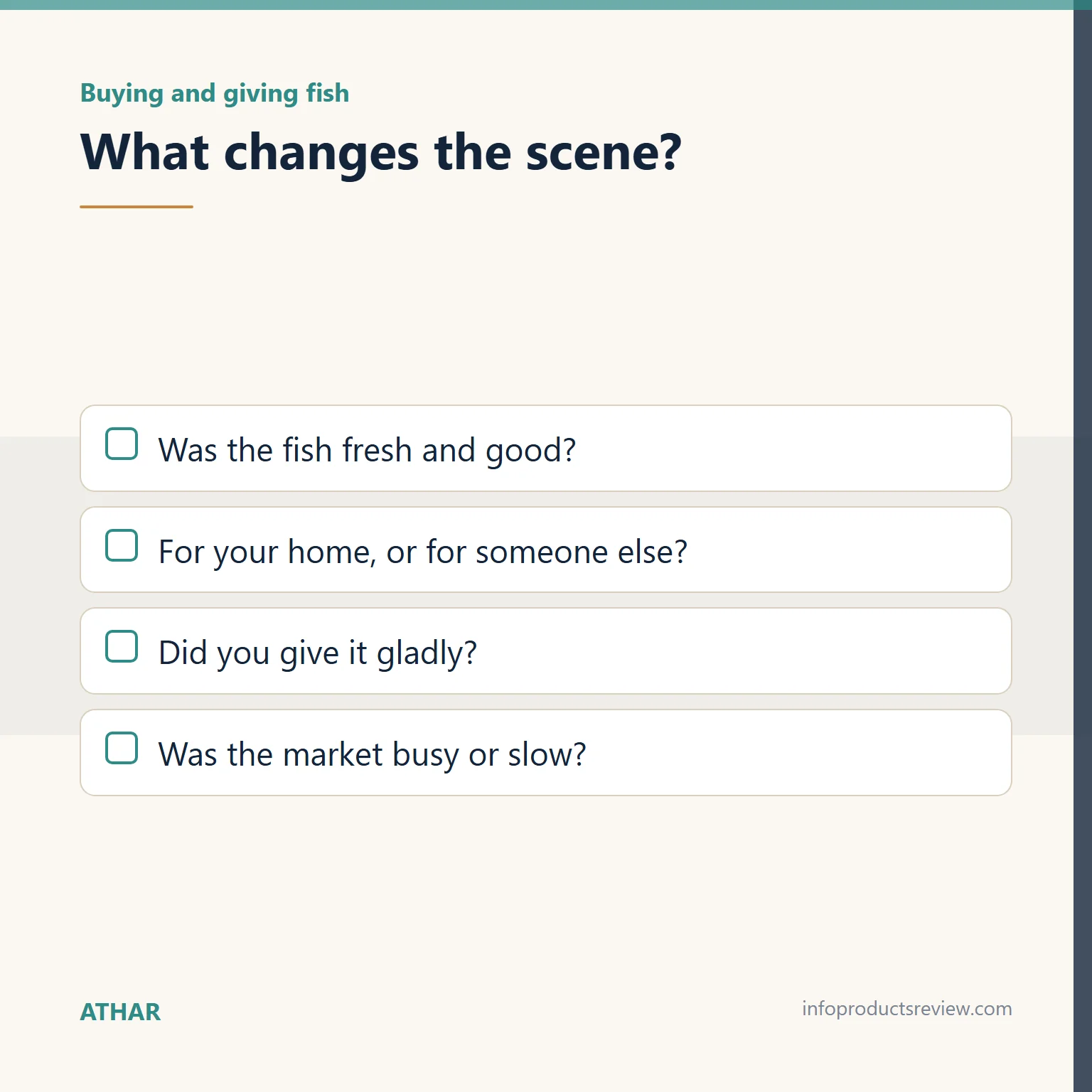 Checklist of questions that change the reading of buying or giving fish