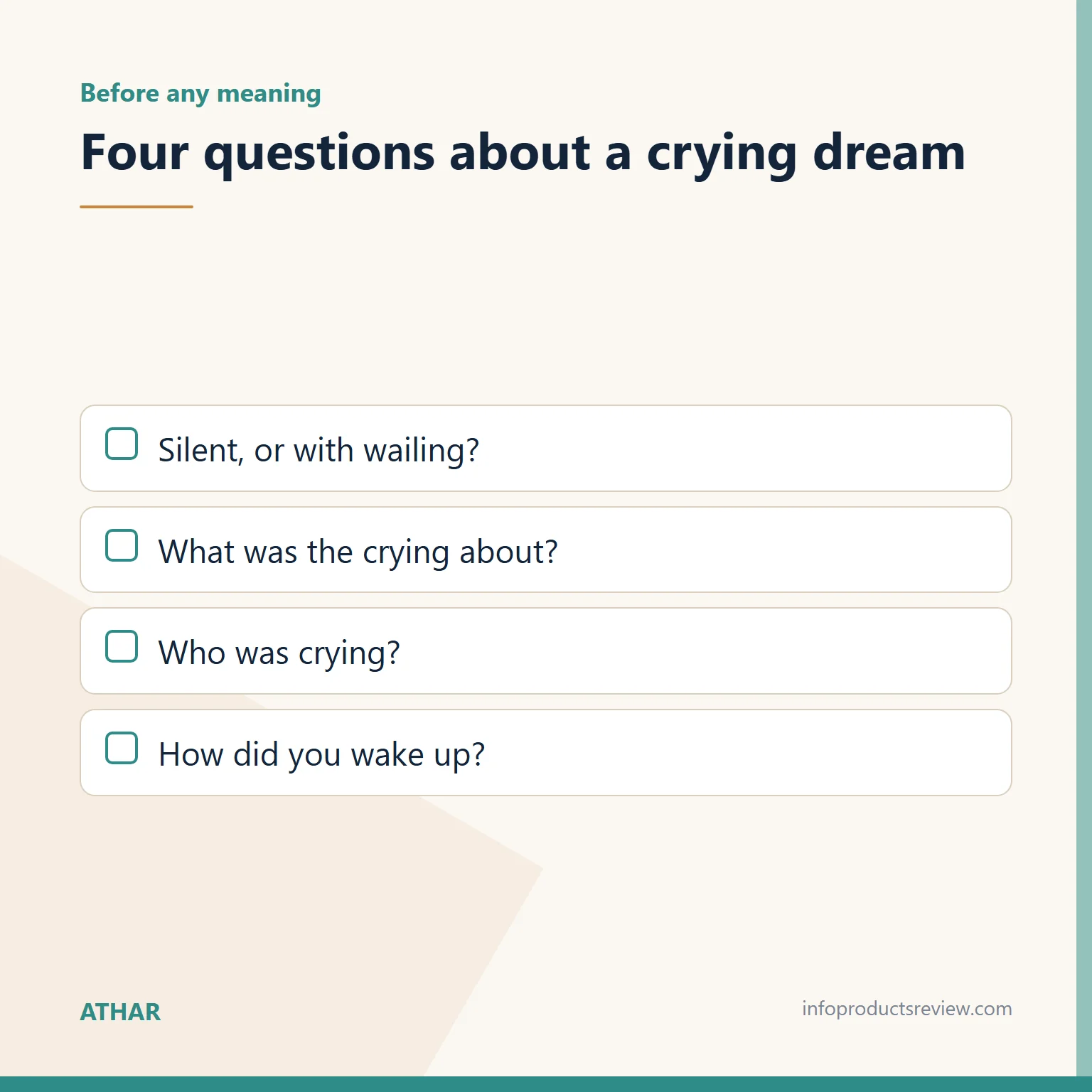 Checklist of four questions ordering the details of a crying dream