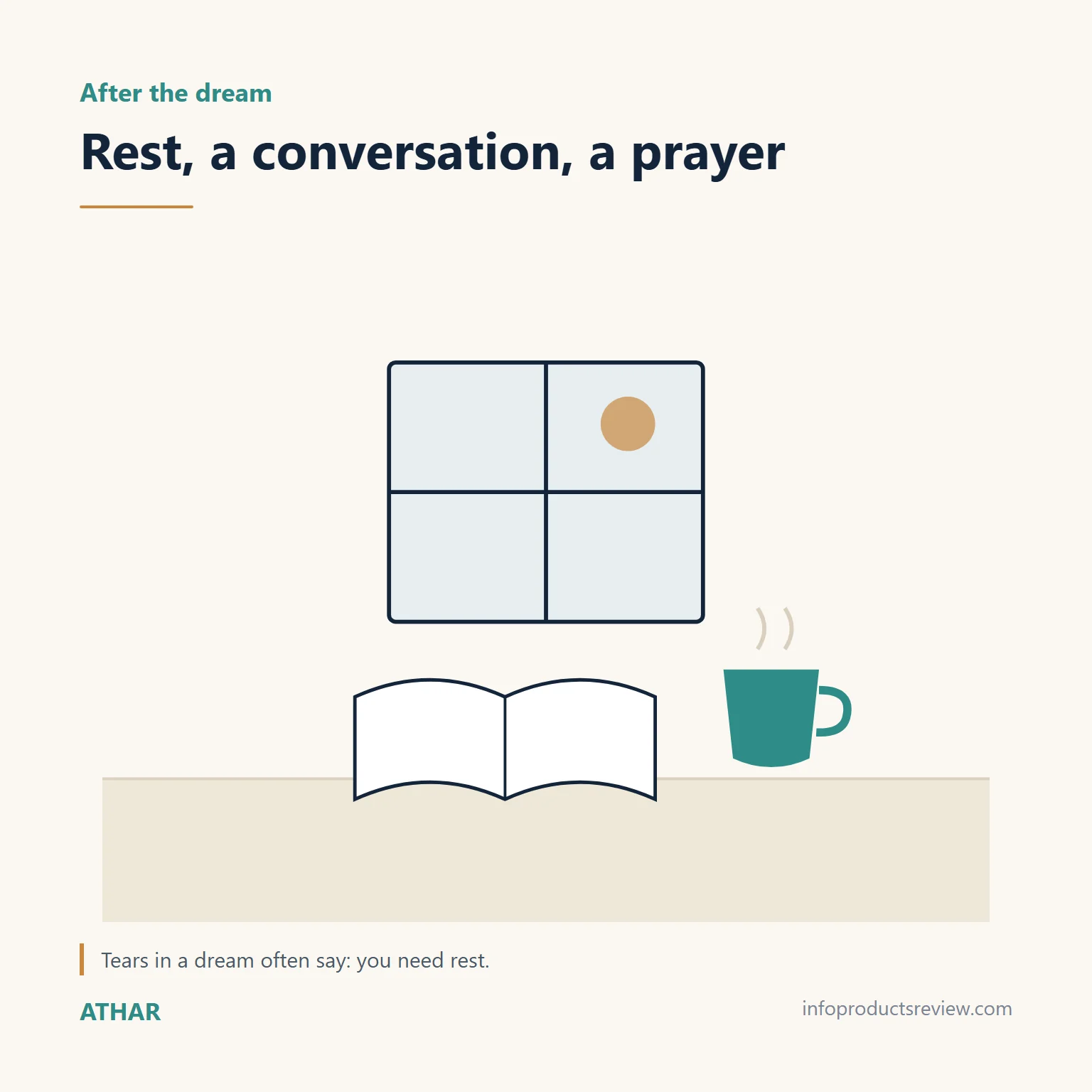 Quiet drawing of a window, book and cup summing up what helps after a crying dream