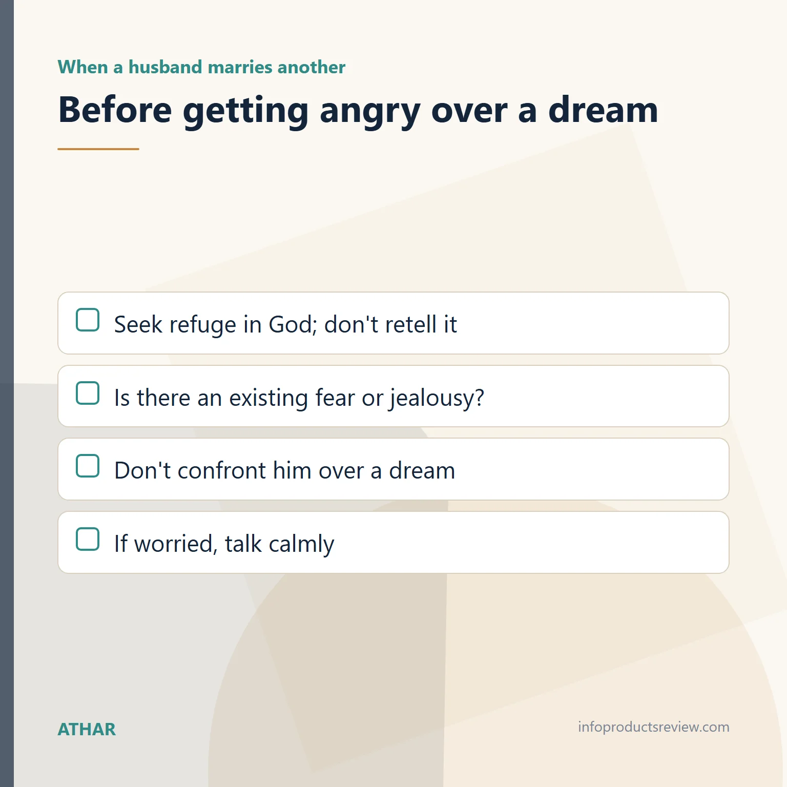 Checklist of steps after dreaming a husband married another woman