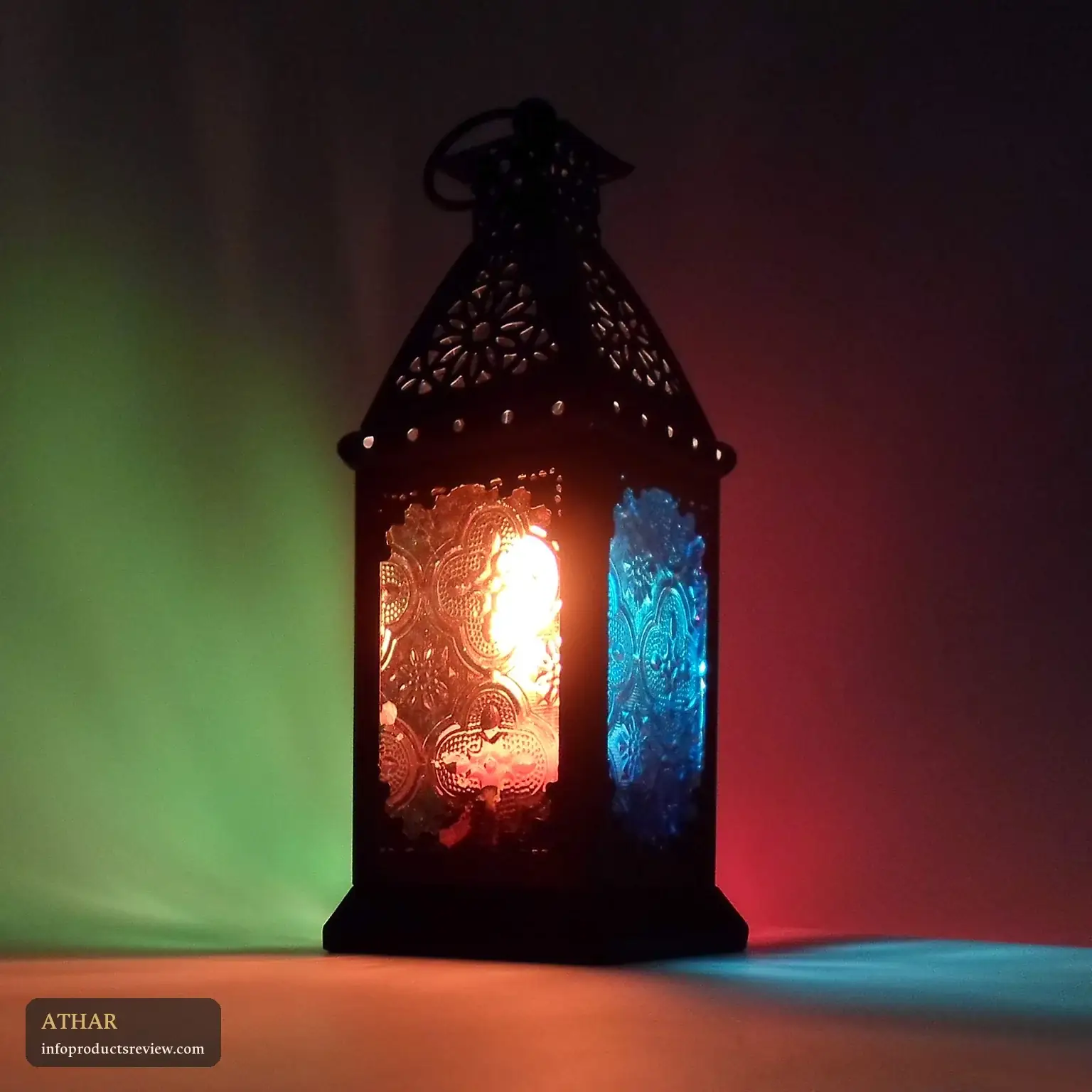 An ornamented lantern glowing in soft colours