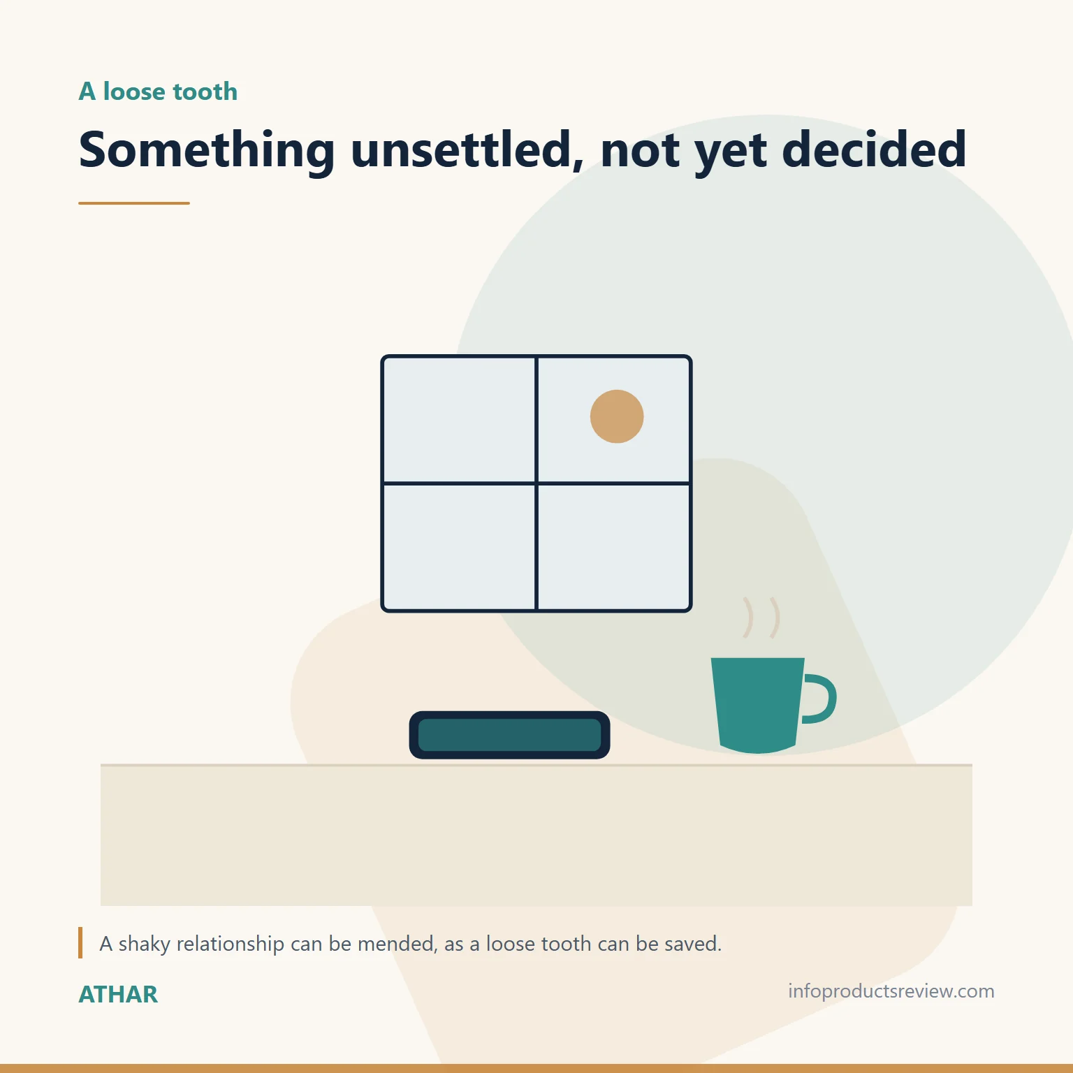 Quiet drawing of a phone, cup and window suggesting an unresolved relationship