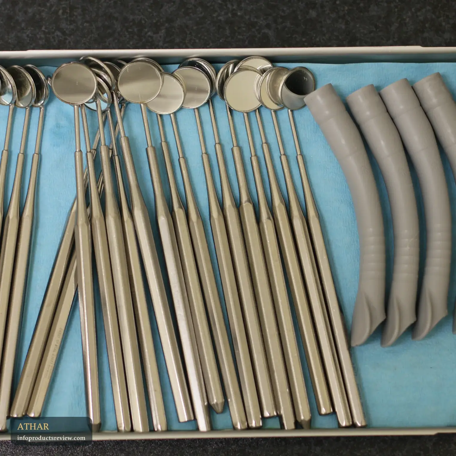 Dental examination instruments laid out on a tray