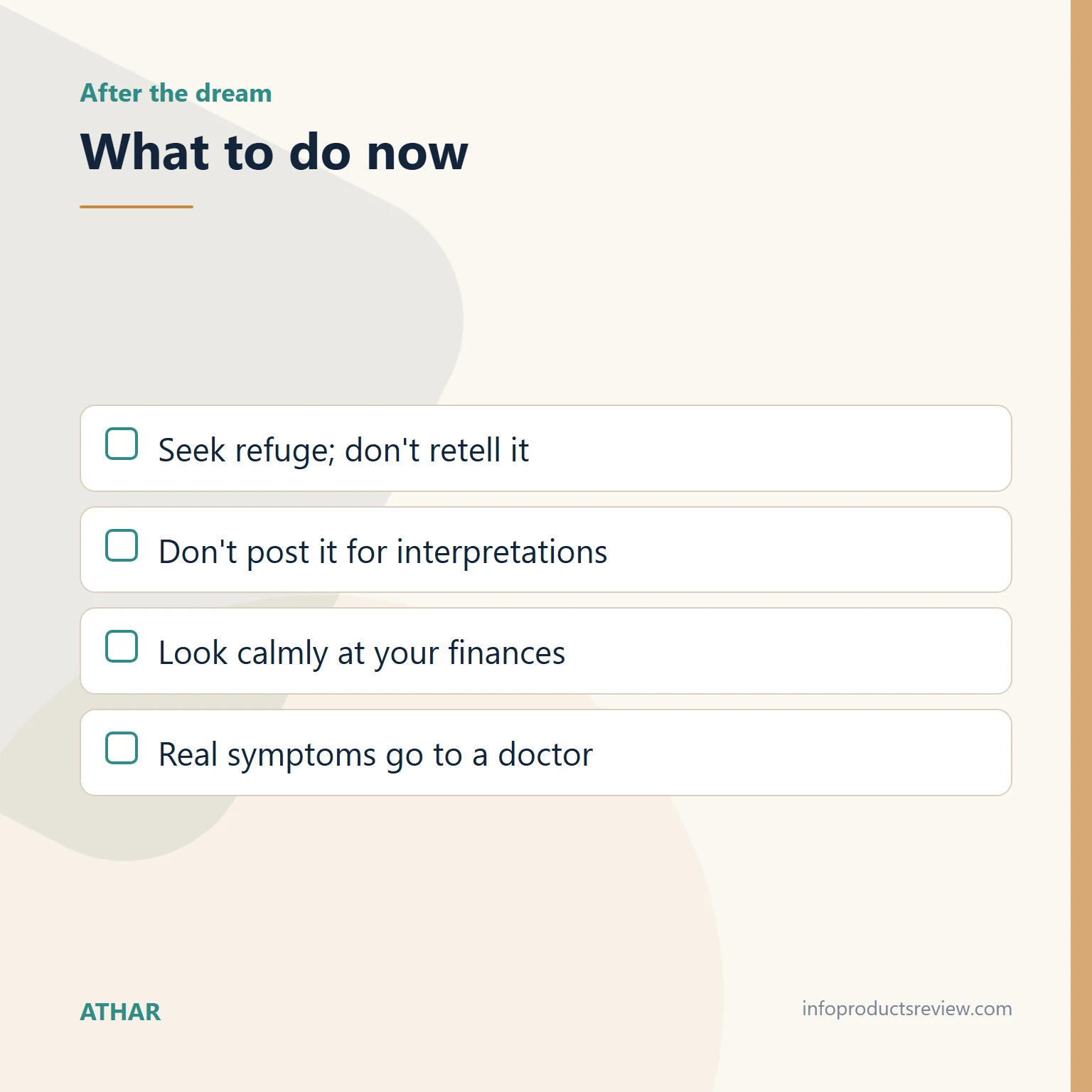 Checklist of practical steps after a feces dream