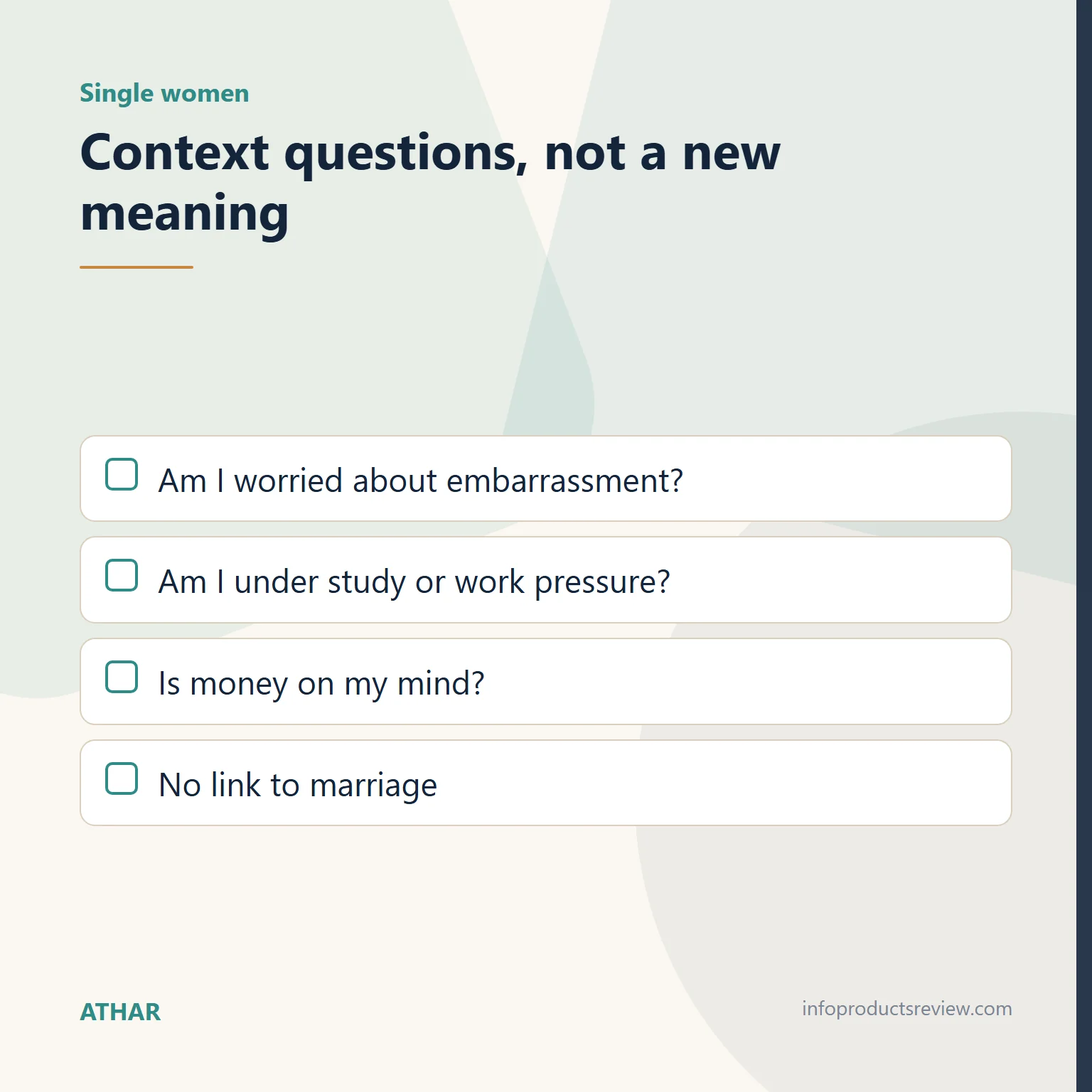 Checklist of context questions for a single woman