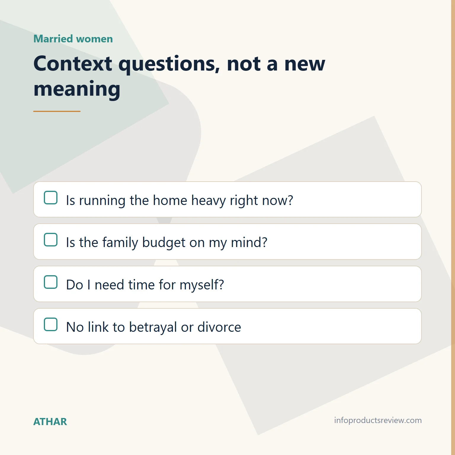 Checklist of context questions for a married woman