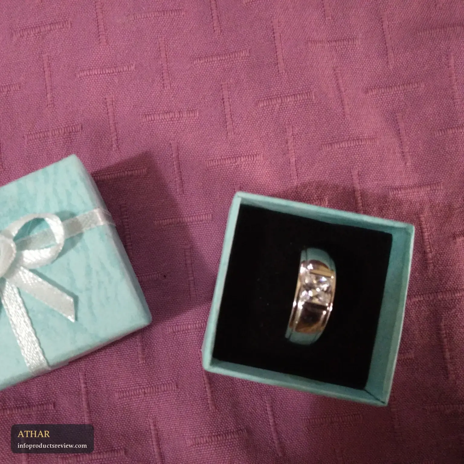 A silver ring in an open gift box