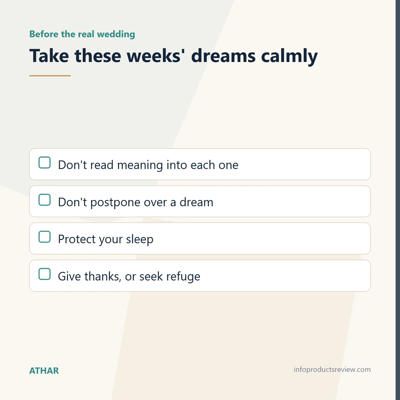Checklist for handling wedding dreams in the weeks before a real wedding