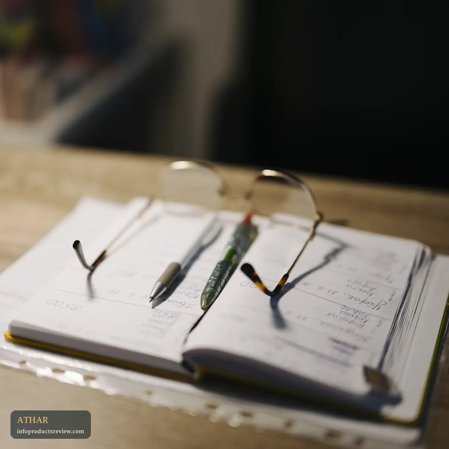 A desk with an open notebook, pens and glasses
