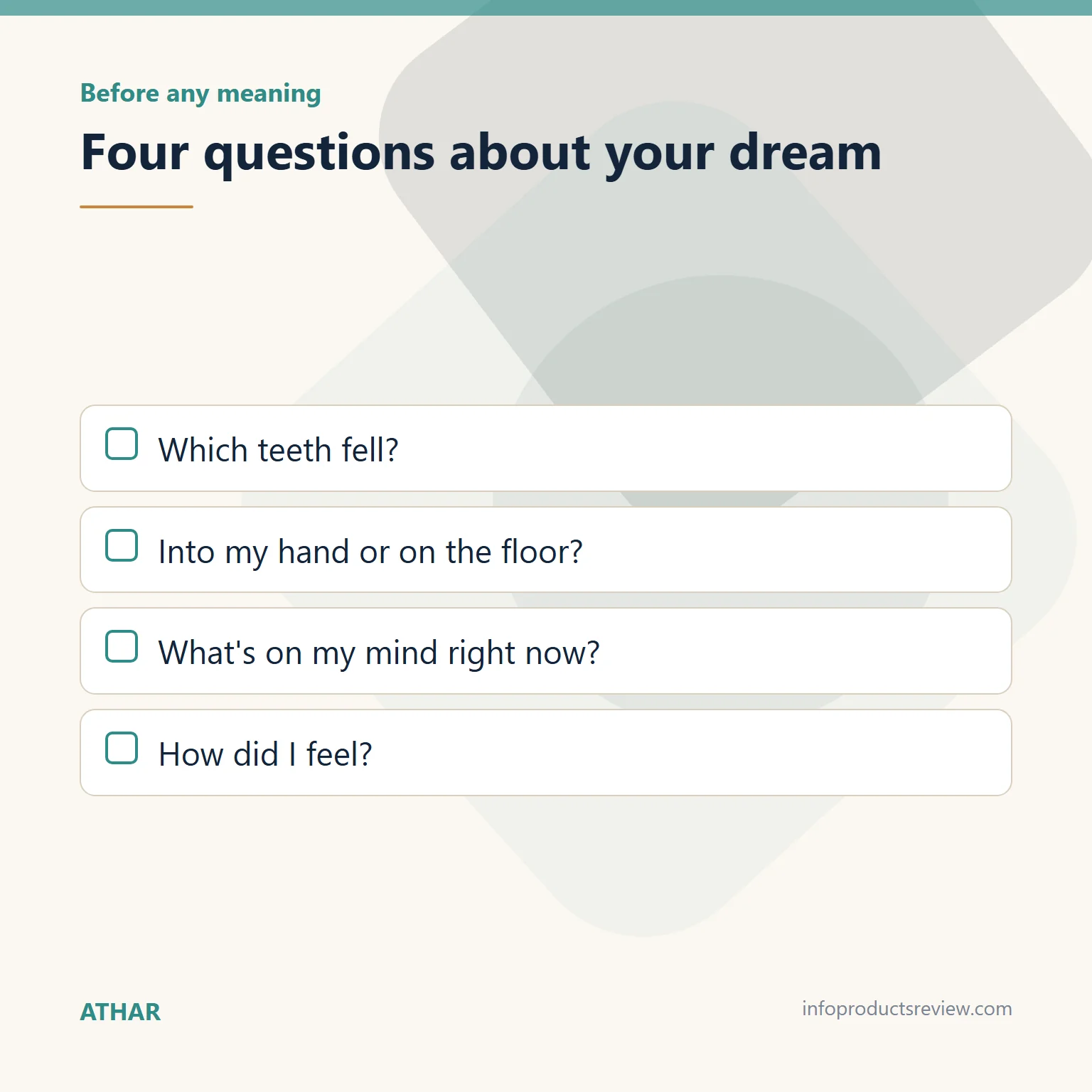 Checklist of four questions ordering the details of a teeth dream for a single woman