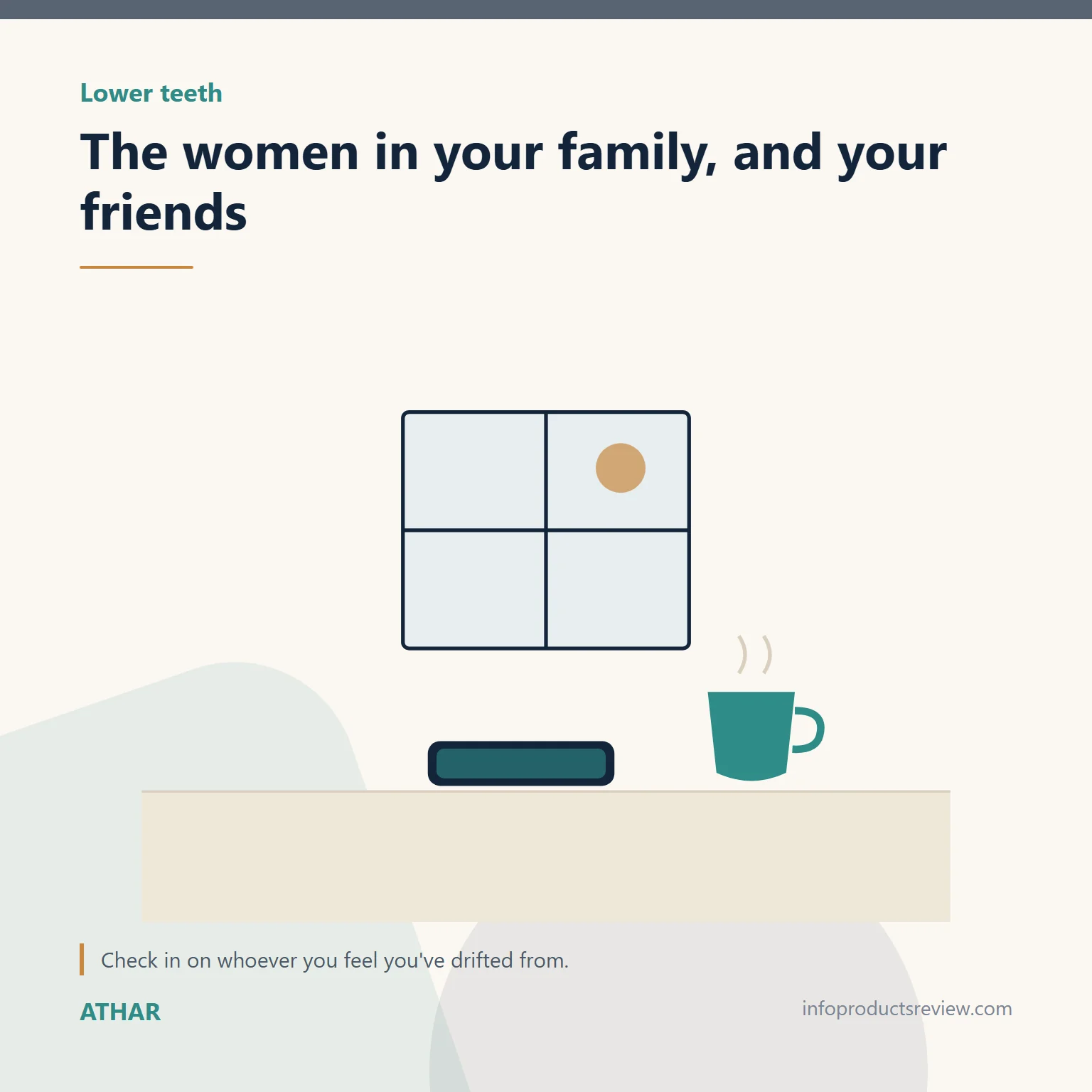 Quiet drawing of a cup, phone and window suggesting reaching out to mother and friends