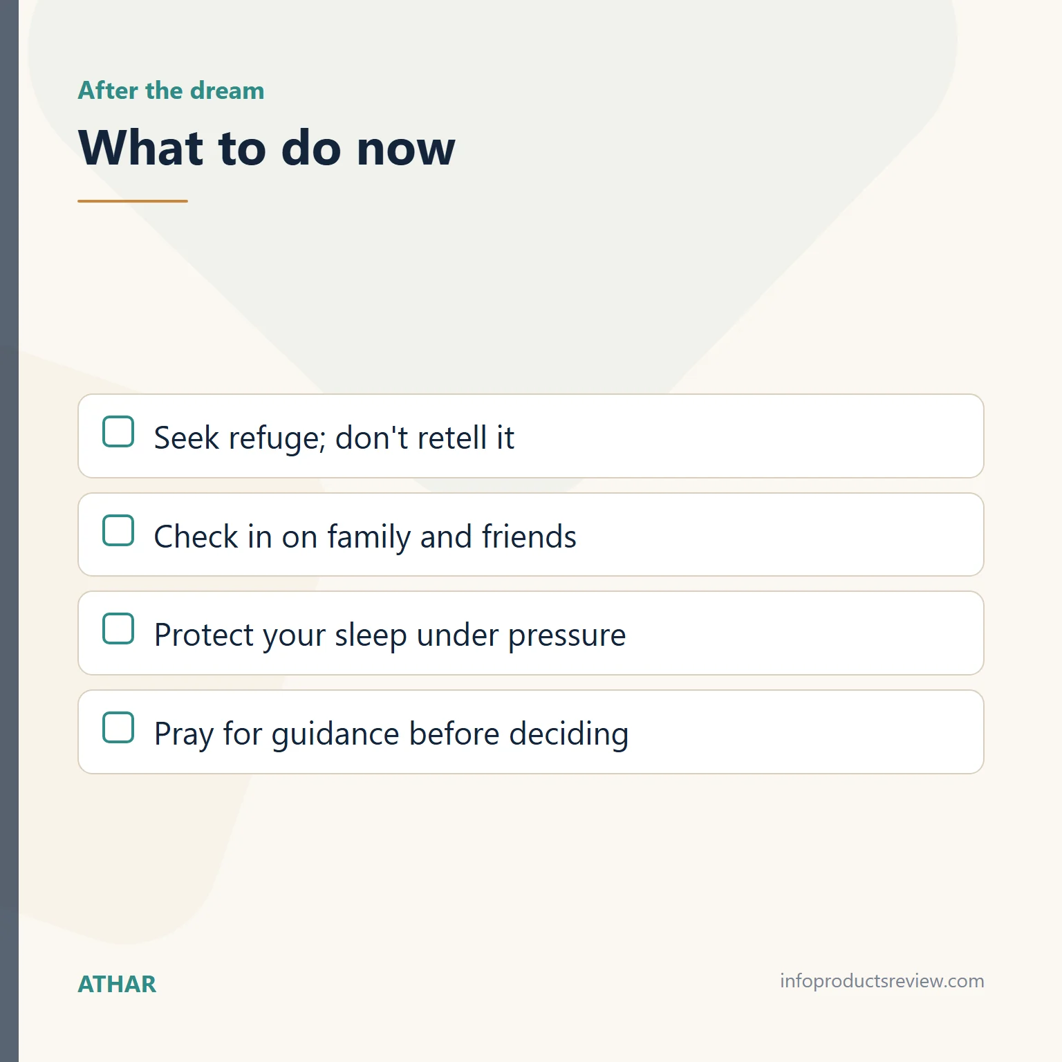Checklist of practical steps after a teeth dream for a single woman