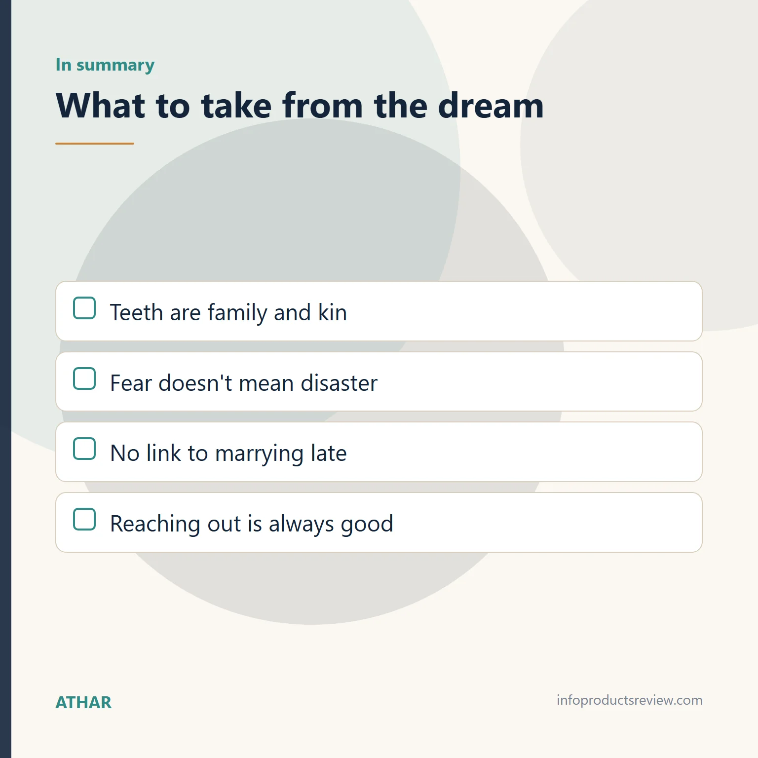 Checklist summing up what to take from a teeth dream as a single woman