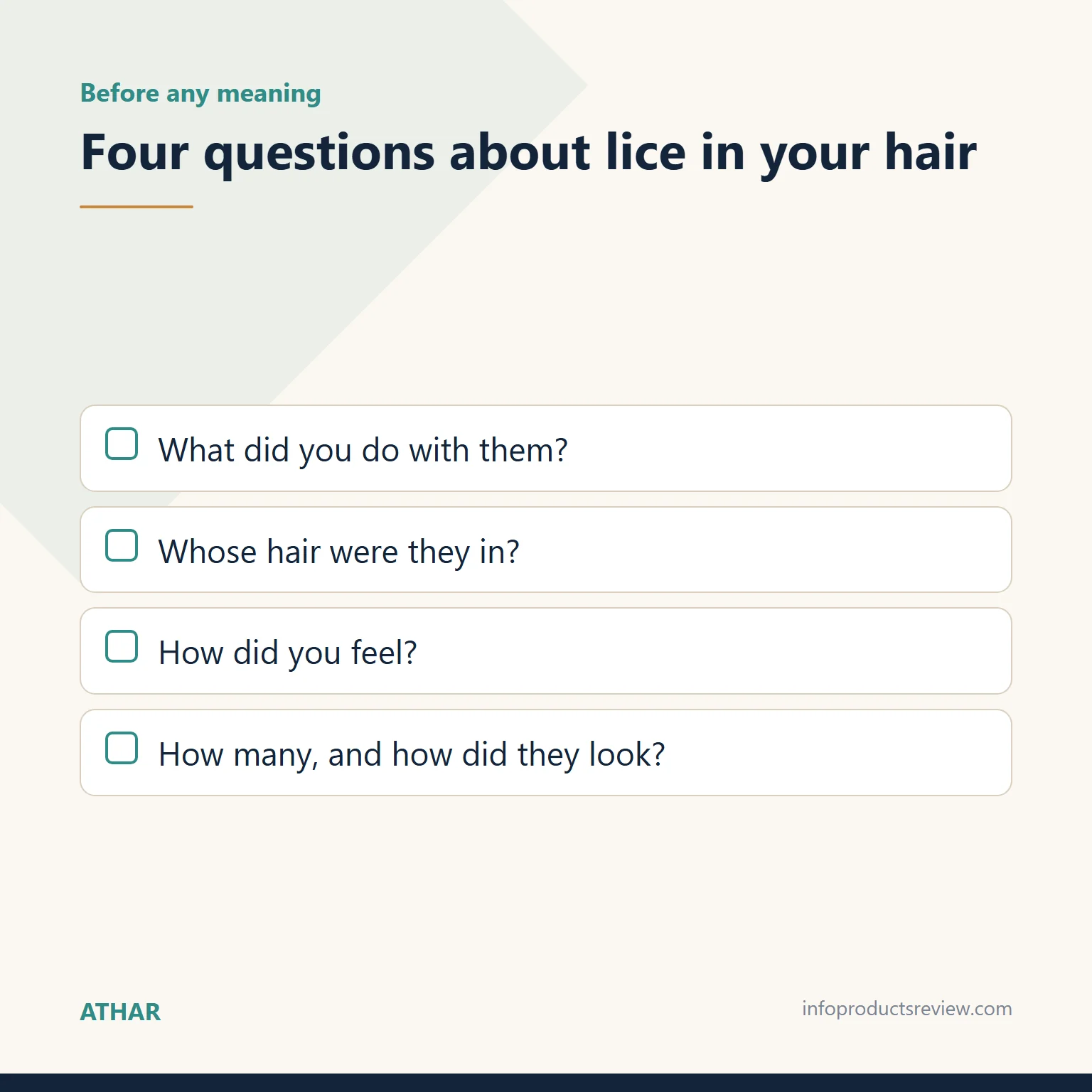 Checklist of four questions ordering the details of a married woman's lice-in-the-hair dream