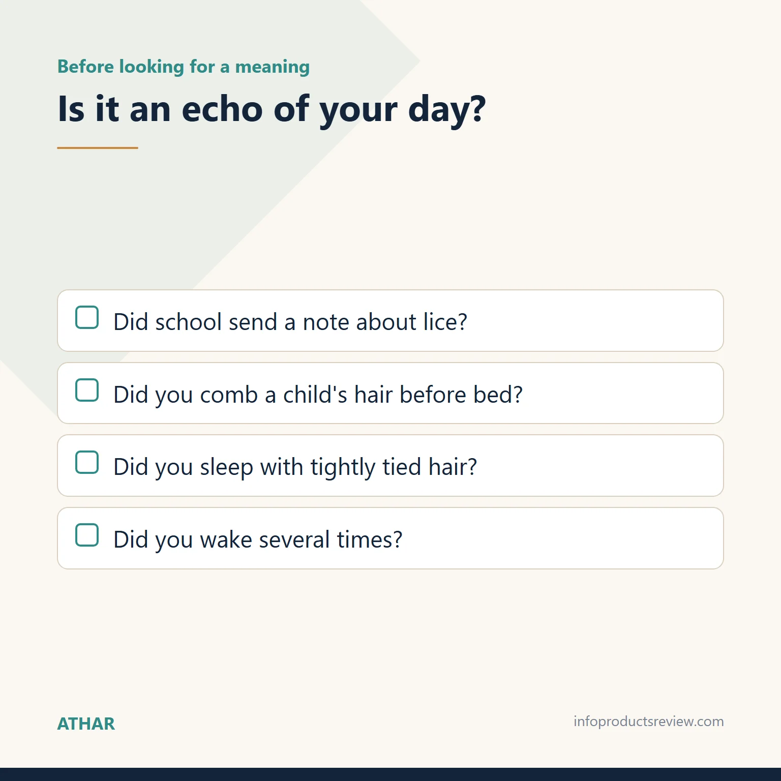 Checklist helping a mother tell whether a lice dream echoes her day