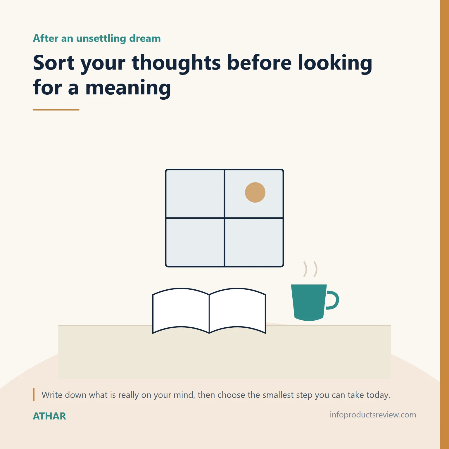 Quiet drawing of a window, notebook and cup for sorting thoughts after a dream