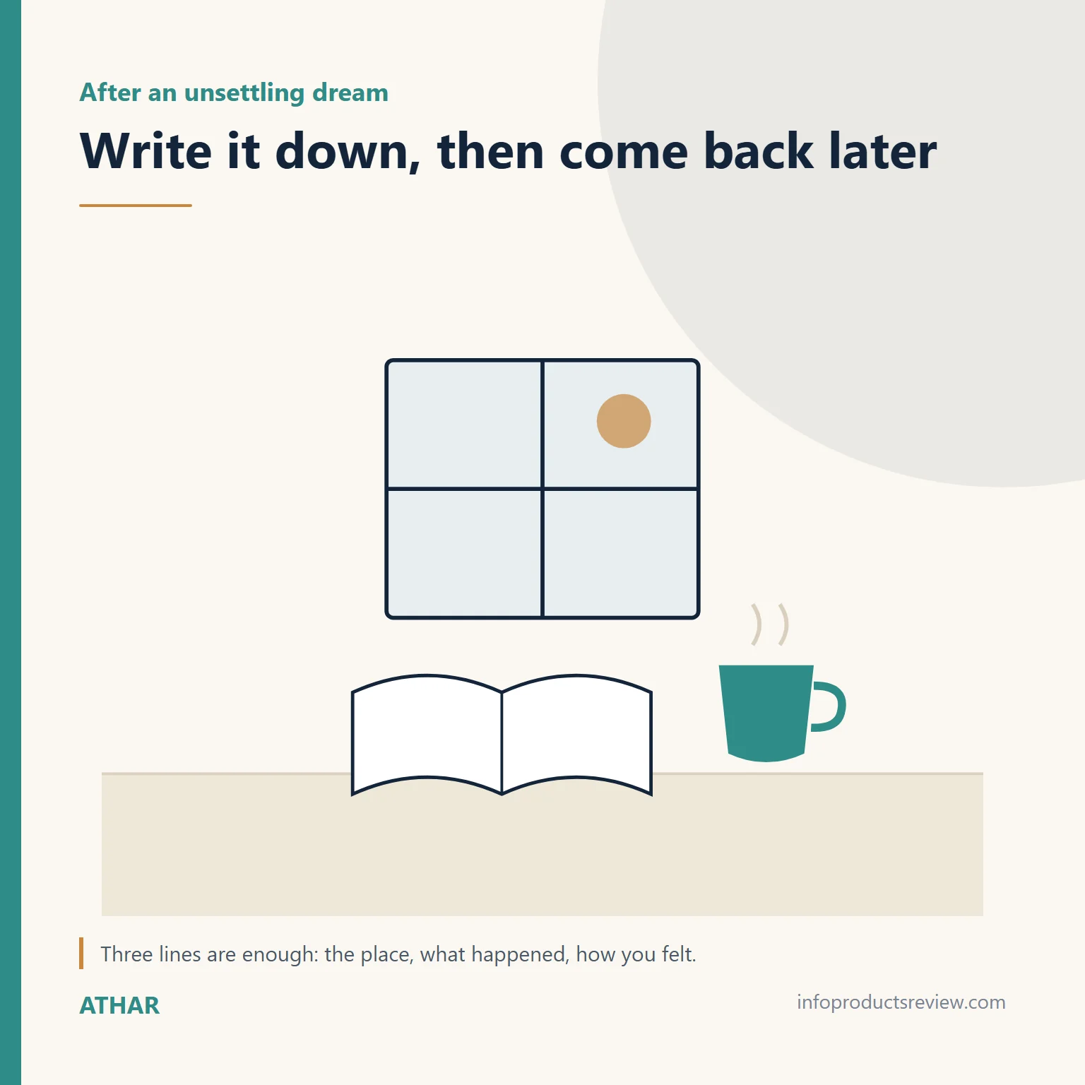 Quiet drawing of a notebook, cup and phone for writing a dream down and leaving it
