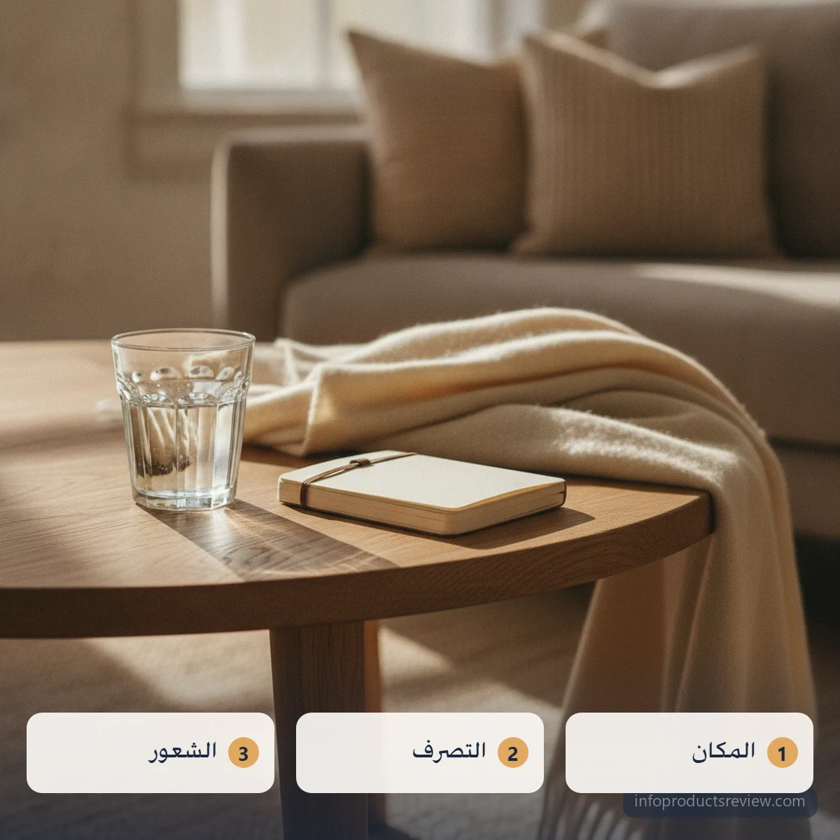 سطح مرتب مصوَّر من أعلى تجتمع فيه أدوات يومية بسيطة
