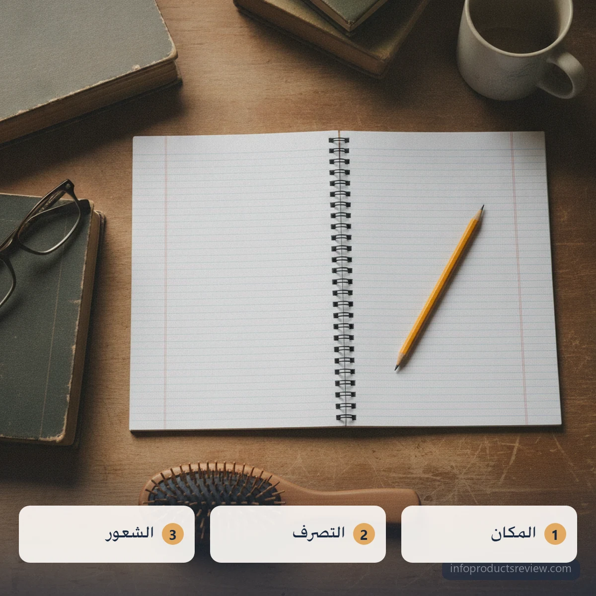 سطح مرتب مصوَّر من أعلى تجتمع فيه أدوات يومية بسيطة