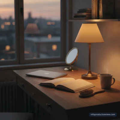 صورة غلاف: مكتب دراسة هادئ عند الغروب مع مصباح ودفتر مفتوح ومشط صغير