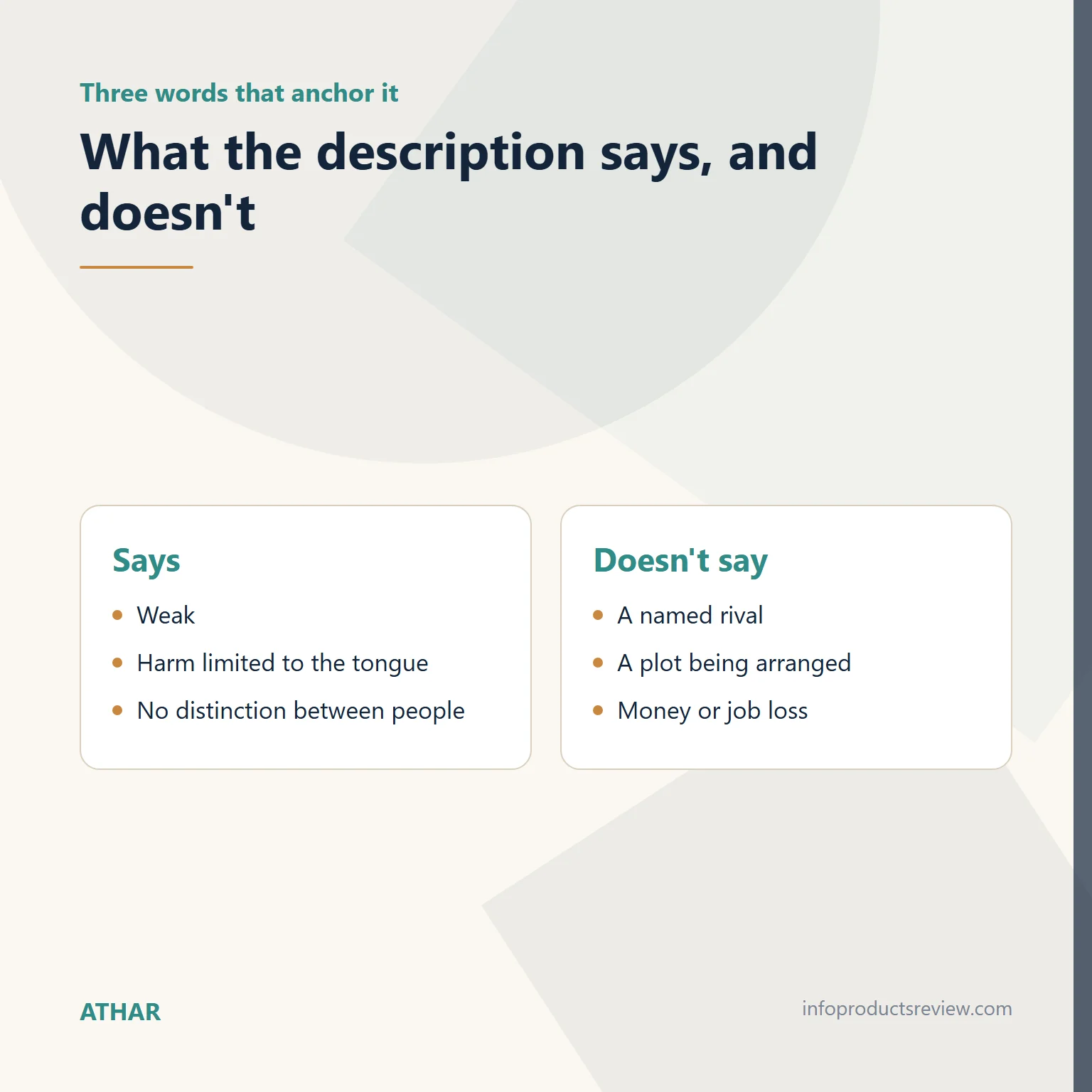 Comparison of what the scorpion description contains and what it does not