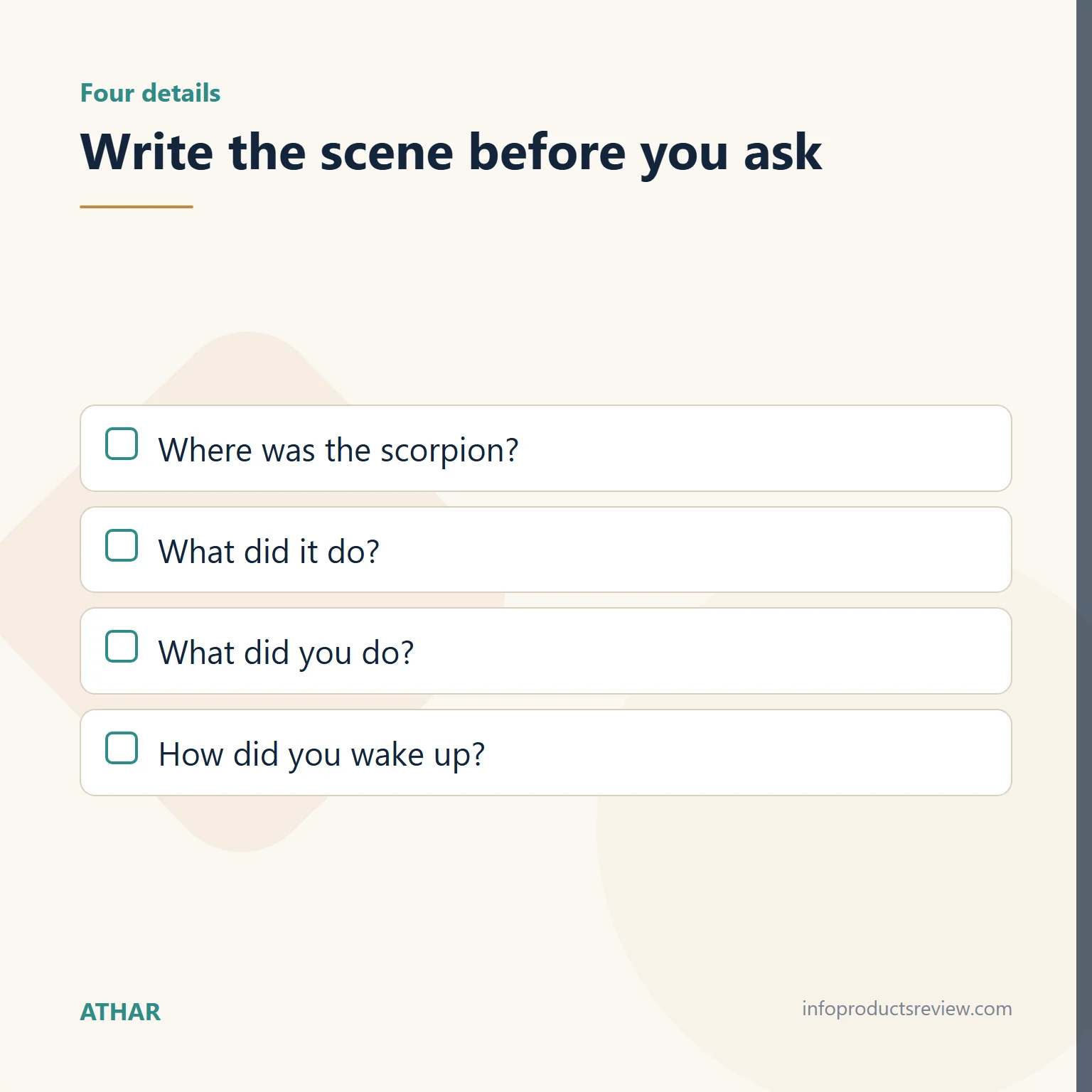 Checklist of the four details to write down after the dream