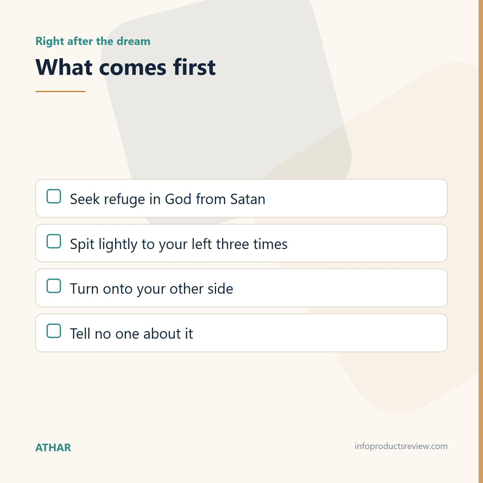 Checklist of the practical guidance after a distressing dream