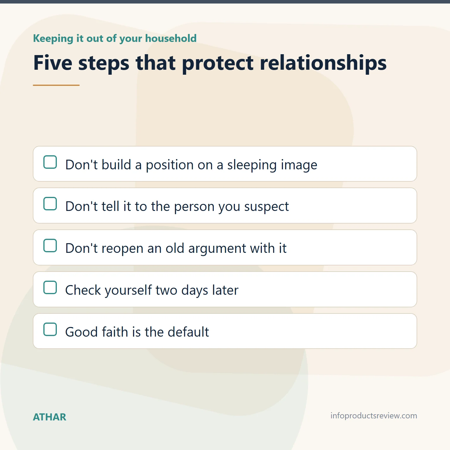 Checklist of steps that keep a dream from damaging relationships at home