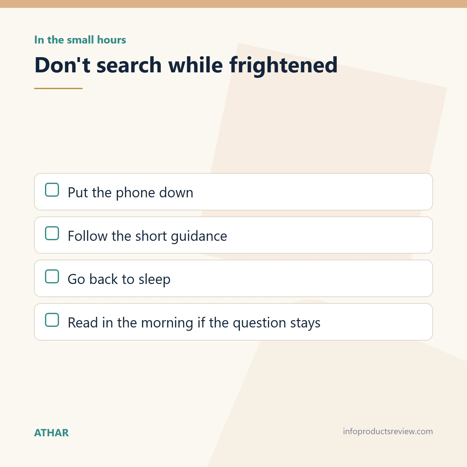 Checklist for someone who wakes at night wanting to search for a meaning