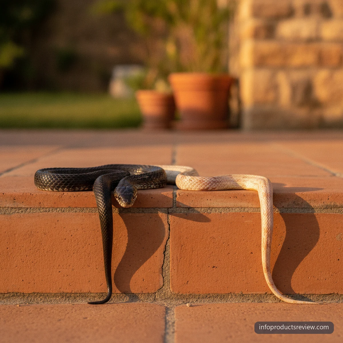 Black Snake Dream Meaning for a Married Woman: A Clear, Grounded Reading 2 A black snake and a pale snake on the same terracotta step in evening light