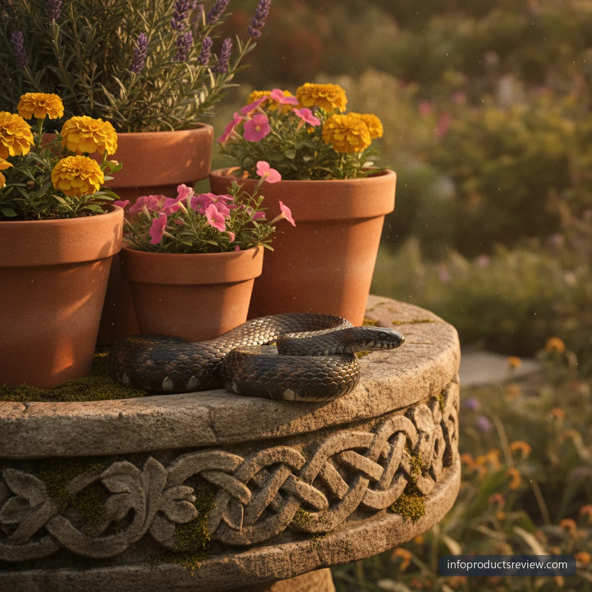 Black Snake Dream Meaning for a Married Woman: A Clear, Grounded Reading 3 A black snake on a carved stone ledge in a home garden at golden hour