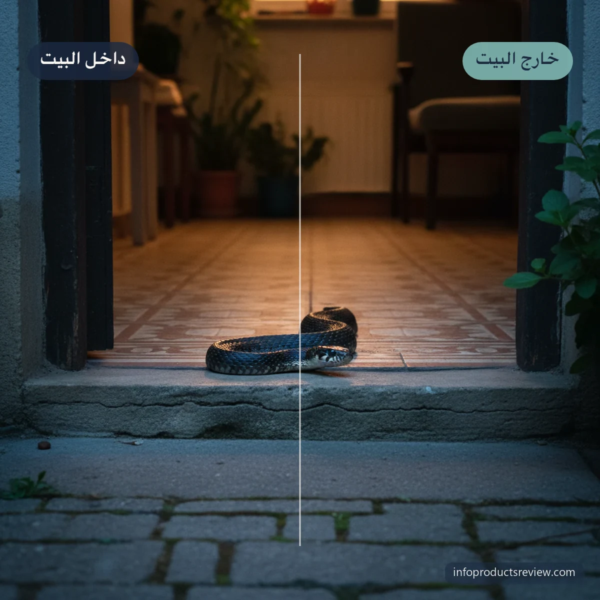 تفسير حلم الثعبان الأسود للمتزوجة: المعنى الأقرب بعيدًا عن التخويف 4 ثعبان أسود على عتبة داخلية بين بلاط دافئ وفناء خارجي