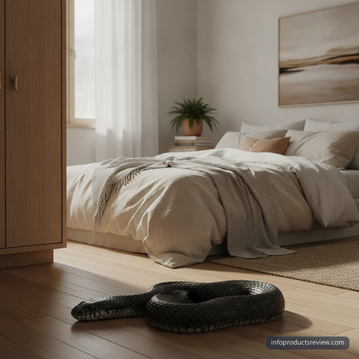 Black Snake Dream Meaning for a Married Woman: A Clear, Grounded Reading 5 A still black snake near a wardrobe in a tidy bedroom
