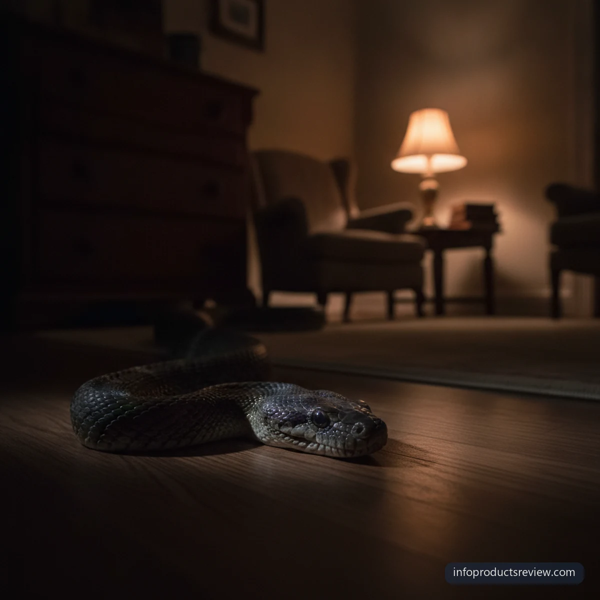 Black Snake Dream Meaning for a Married Woman: A Clear, Grounded Reading 6 A dark snake half visible in a dim domestic room at night
