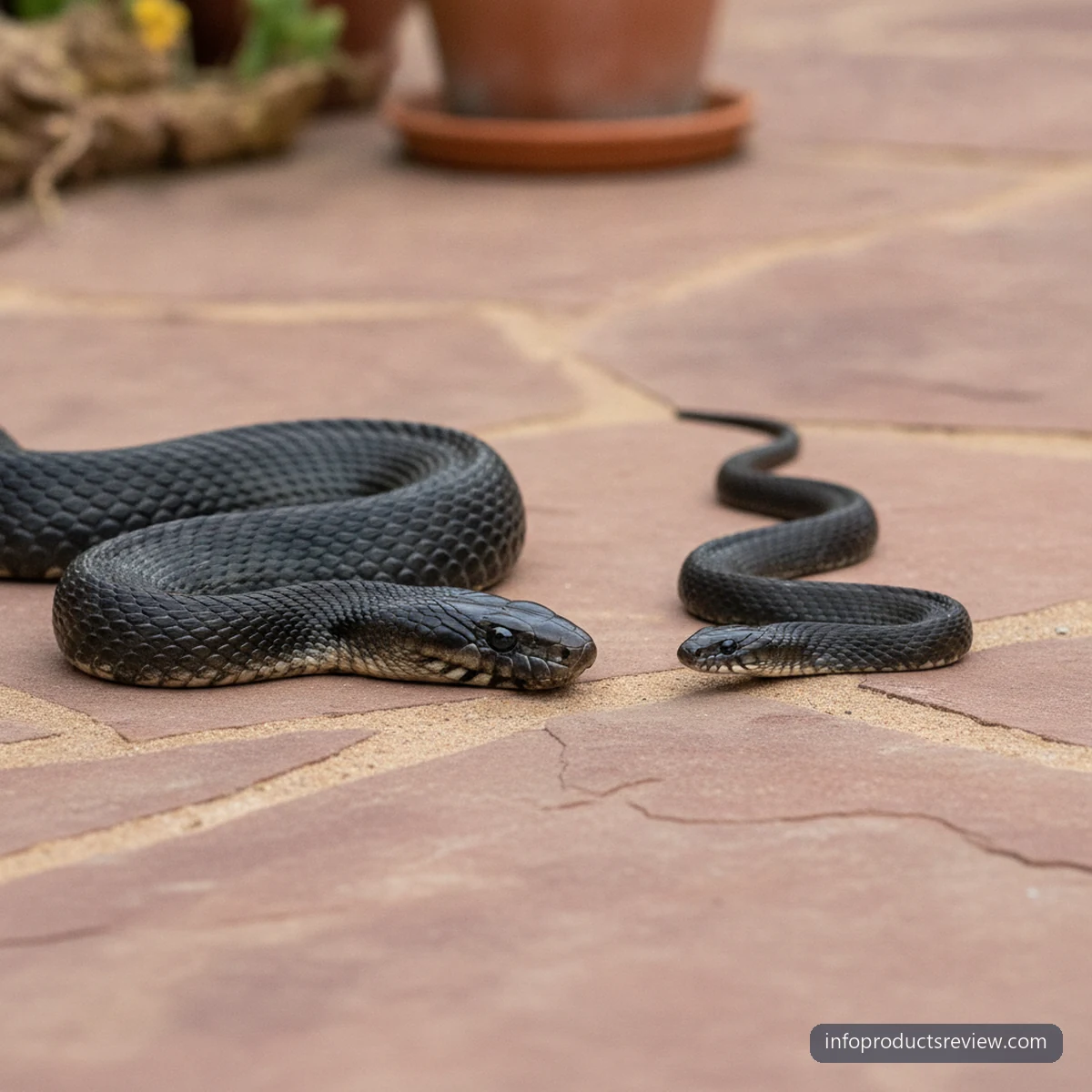 Black Snake Dream Meaning for a Married Woman: A Clear, Grounded Reading 7 A large black snake and a small one on a warm patio in even light