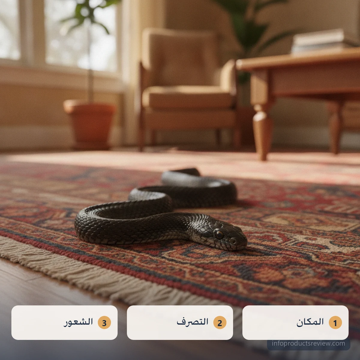 تفسير حلم الثعبان الأسود للمتزوجة: المعنى الأقرب بعيدًا عن التخويف 8 ثعبان أسود بلا حراك على سجادة في غرفة جلوس دافئة
