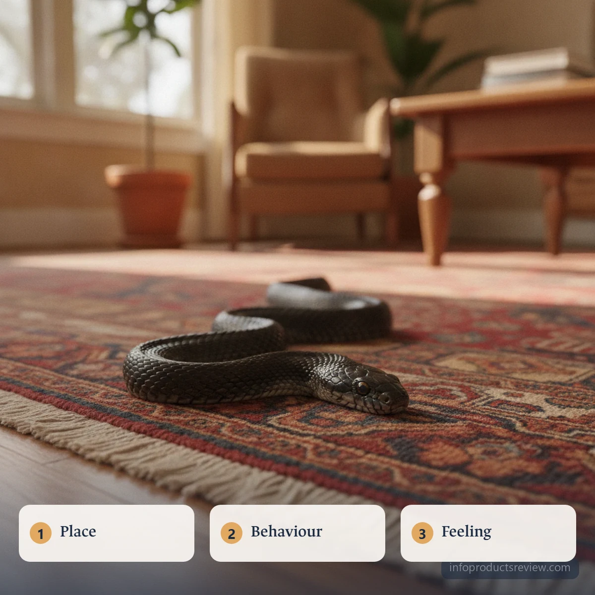 Black Snake Dream Meaning for a Married Woman: A Clear, Grounded Reading 8 A motionless black snake on a rug in a warm sitting room