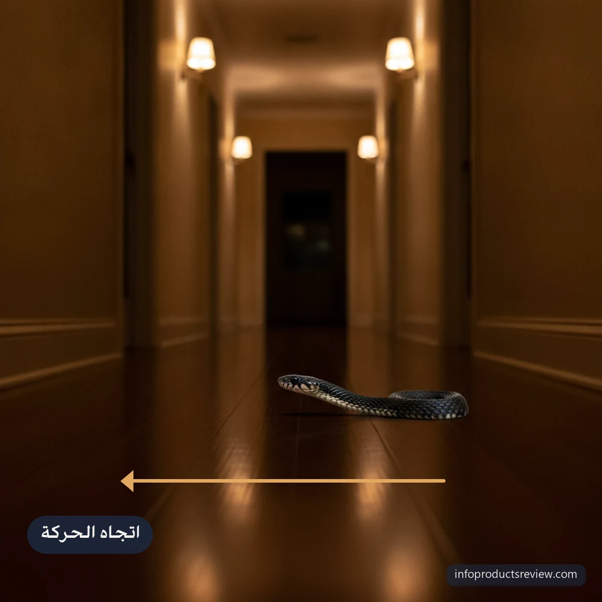 تفسير حلم الثعبان الأسود للمتزوجة: المعنى الأقرب بعيدًا عن التخويف 9 ممر منزلي دافئ ليلًا وثعبان أسود بعيد في نهايته