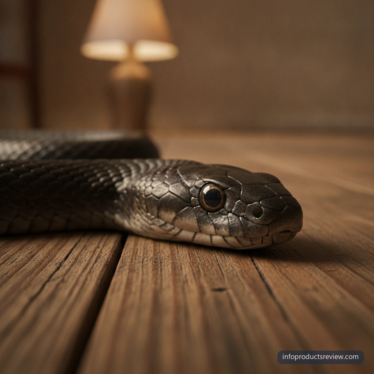 Black Snake Dream Meaning for a Married Woman: A Clear, Grounded Reading 10 A black snake's head with closed mouth on a warm floorboard