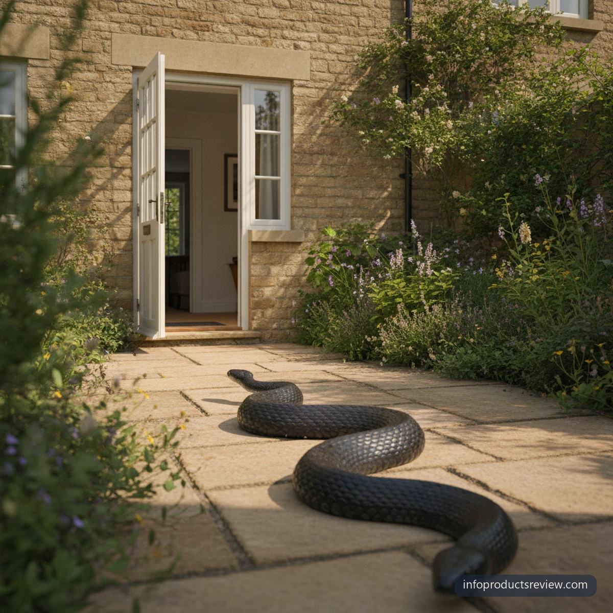 Black Snake Dream Meaning for a Married Woman: A Clear, Grounded Reading 11 A black snake moving away across a paved yard outside a back door