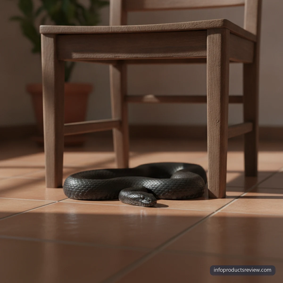 Black Snake Dream Meaning for a Married Woman: A Clear, Grounded Reading 12 A black snake resting beneath a wooden chair on warm tiles